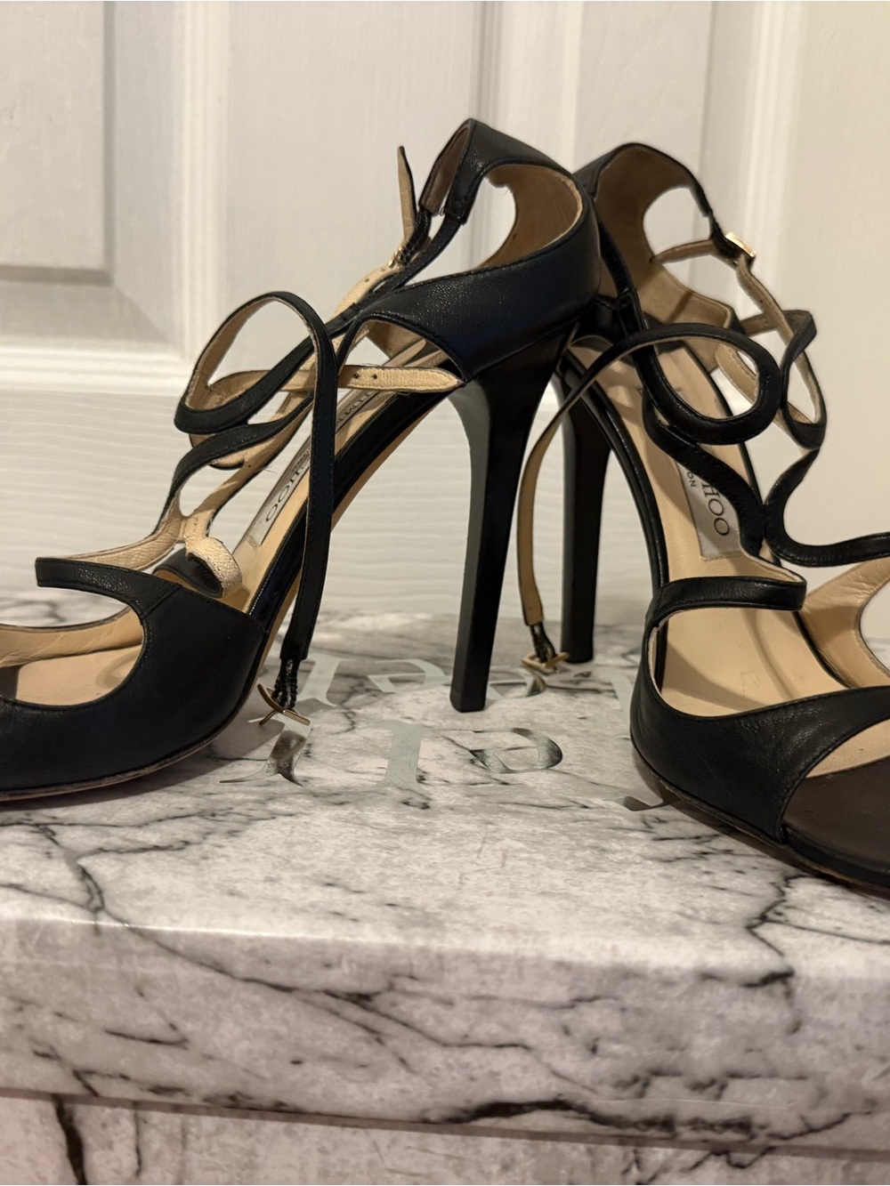 JIMMY CHOO Black Leather Strappy Sandal Heels